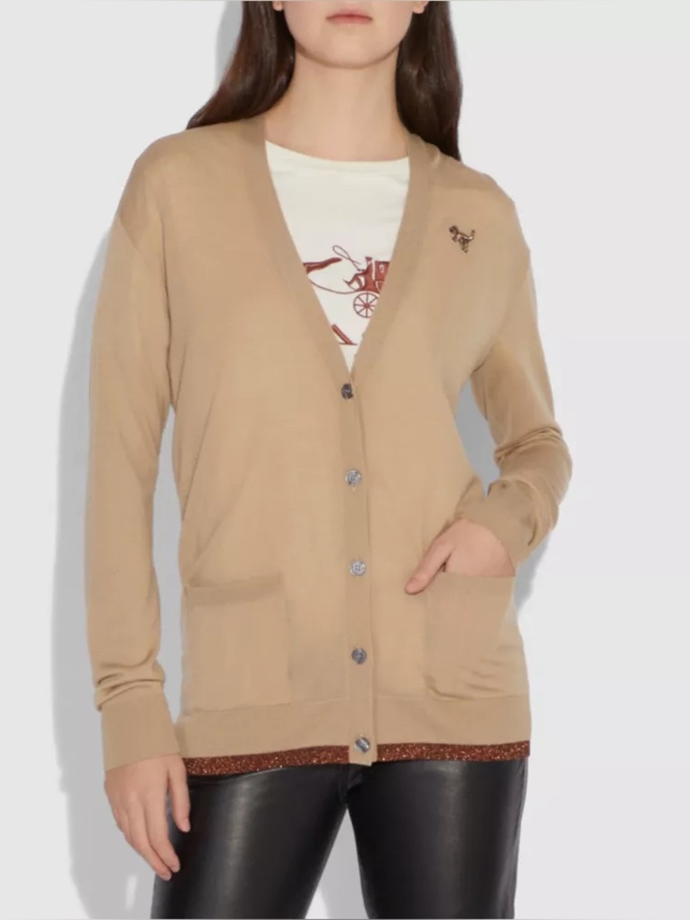 Coach 1941 women’s tan merino Rexy Patch Cardigan, medium.
